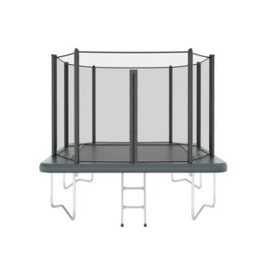 obdelníková nadzemní trampolína šedé barvy s ochrannou sítí volně stojící