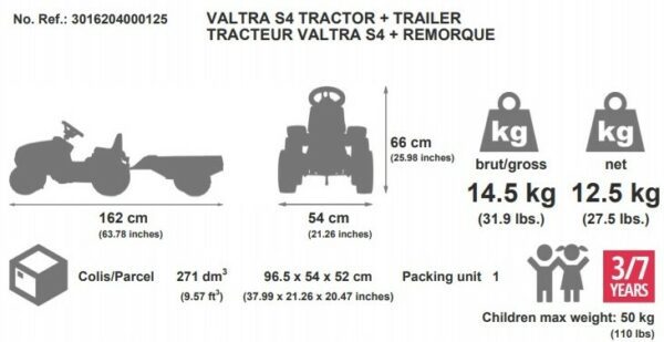 FALK Šlapací traktor 4000AB VALTRA S4 s vlečkou